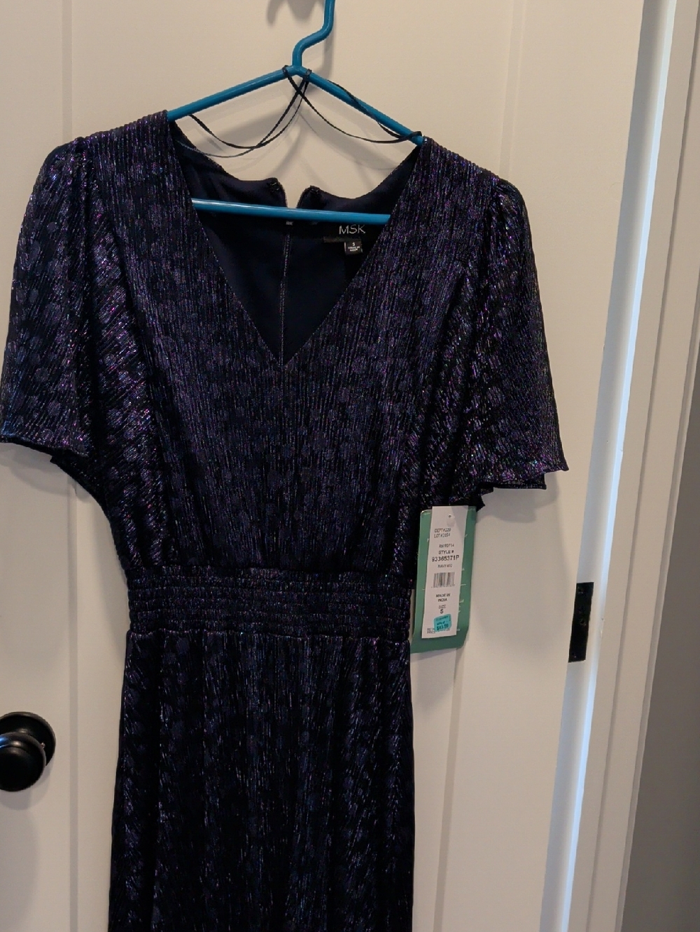 MSK Metallic Deep Blue V-Neck Midi Dress